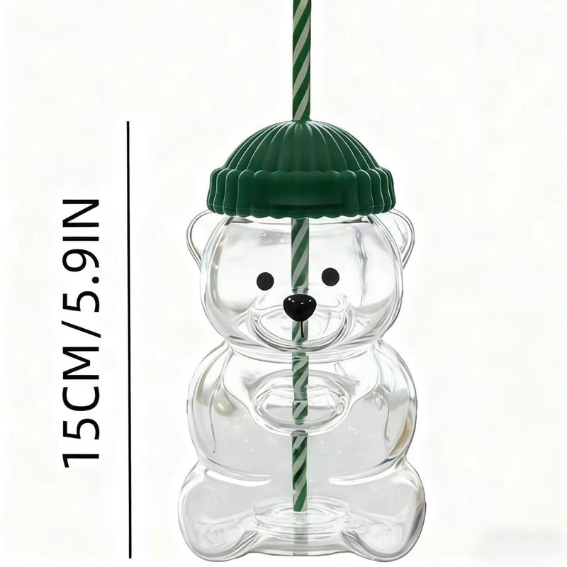 Holiday Bear Glass Cup with Straw, Cute Bear Cold Drink Cup, Festive Coffee & Beverage Glass, Adorable Bear Cup with Green Hat Lid, 2025 Seasonal Drinkware