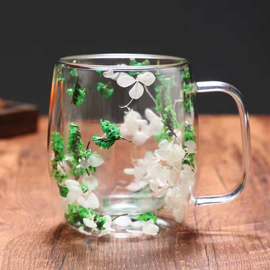Double Wall Clear Glass Coffee Mugs Creative Clear Glass Cups with Handle Flowers Double Insulated Glass Cup for Hot Cold
