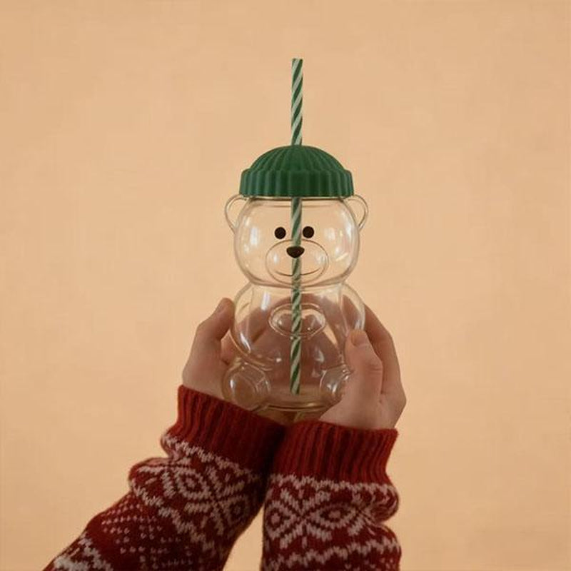 Holiday Bear Glass Cup with Straw, Cute Bear Cold Drink Cup, Festive Coffee & Beverage Glass, Adorable Bear Cup with Green Hat Lid, 2025 Seasonal Drinkware