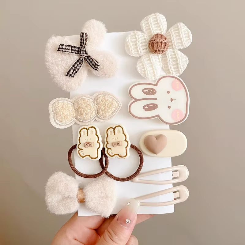 Hair Clips Autumn Winter Hairpin Set Cute Plush Bear Bowknot Hairpin Children Girl Hair Clip Flower Knitted Kid Hair Accessories