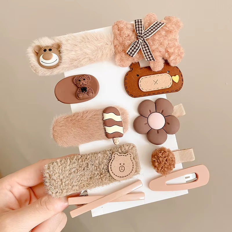 Hair Clips Autumn Winter Hairpin Set Cute Plush Bear Bowknot Hairpin Children Girl Hair Clip Flower Knitted Kid Hair Accessories