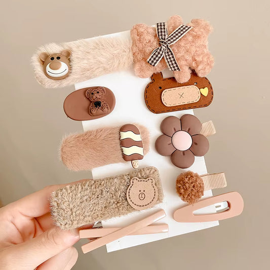 Hair Clips Autumn Winter Hairpin Set Cute Plush Bear Bowknot Hairpin Children Girl Hair Clip Flower Knitted Kid Hair Accessories