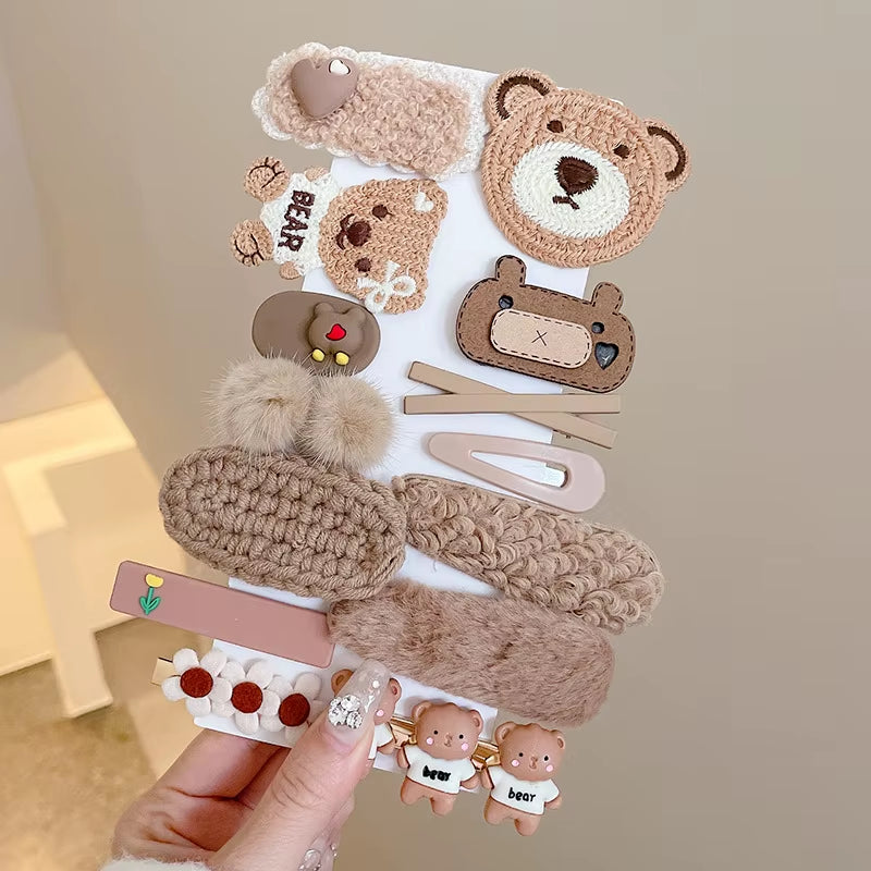 Hair Clips Autumn Winter Hairpin Set Cute Plush Bear Bowknot Hairpin Children Girl Hair Clip Flower Knitted Kid Hair Accessories