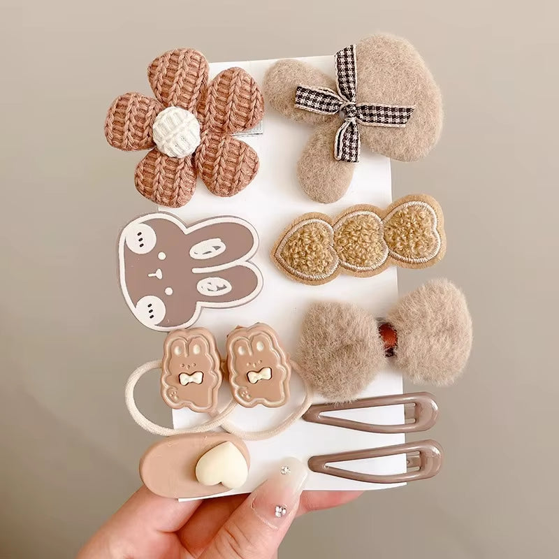Hair Clips Autumn Winter Hairpin Set Cute Plush Bear Bowknot Hairpin Children Girl Hair Clip Flower Knitted Kid Hair Accessories
