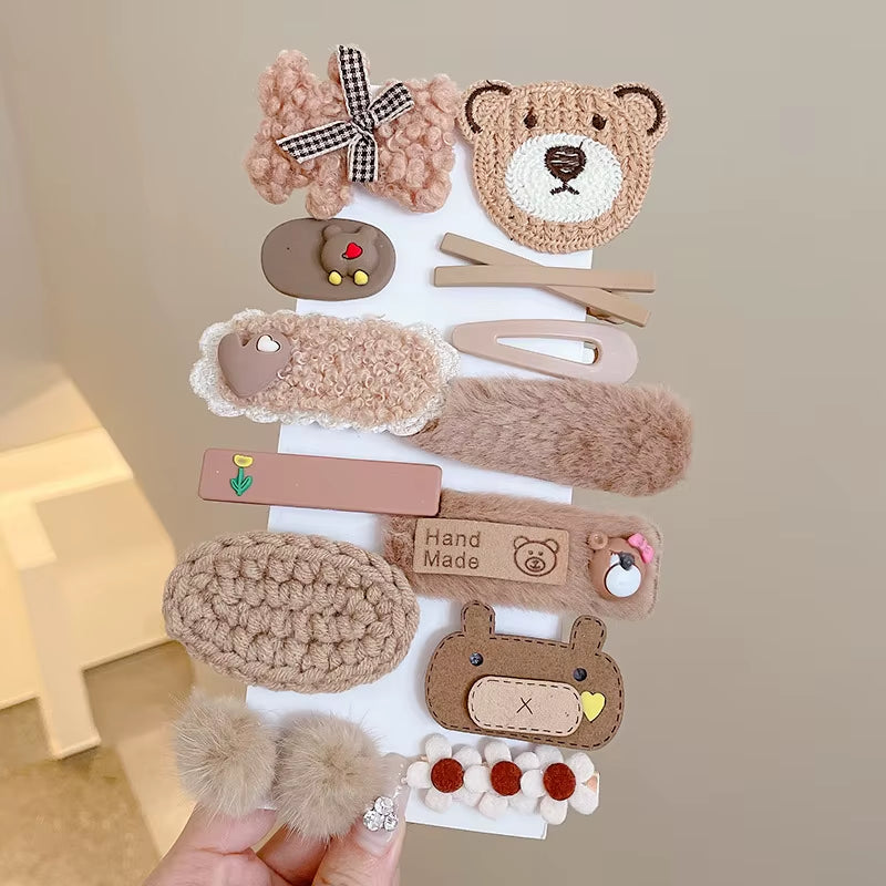 Hair Clips Autumn Winter Hairpin Set Cute Plush Bear Bowknot Hairpin Children Girl Hair Clip Flower Knitted Kid Hair Accessories