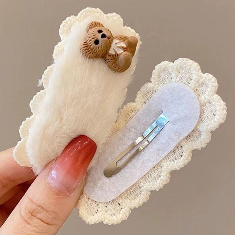 Hair Clips Autumn Winter Hairpin Set Cute Plush Bear Bowknot Hairpin Children Girl Hair Clip Flower Knitted Kid Hair Accessories