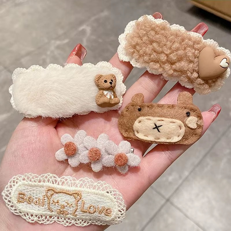 Hair Clips Autumn Winter Hairpin Set Cute Plush Bear Bowknot Hairpin Children Girl Hair Clip Flower Knitted Kid Hair Accessories