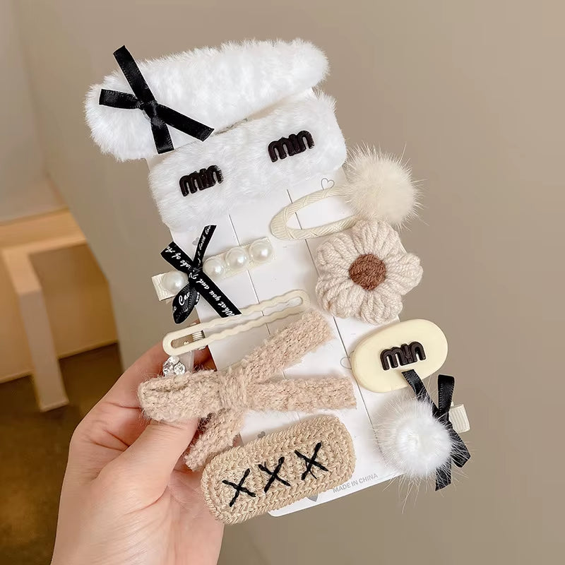 Hair Clips Autumn Winter Hairpin Set Cute Plush Bear Bowknot Hairpin Children Girl Hair Clip Flower Knitted Kid Hair Accessories
