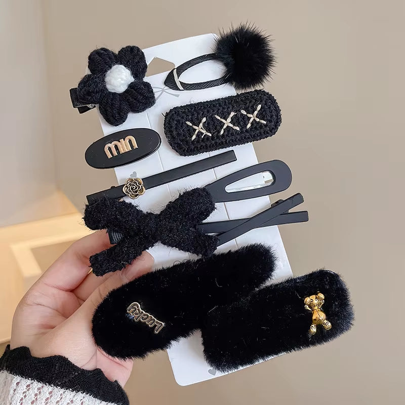 Hair Clips Autumn Winter Hairpin Set Cute Plush Bear Bowknot Hairpin Children Girl Hair Clip Flower Knitted Kid Hair Accessories